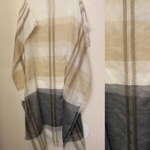 Tan beige gray plaid gauze semi sheer lightweight muslin scarf wrap 80x32